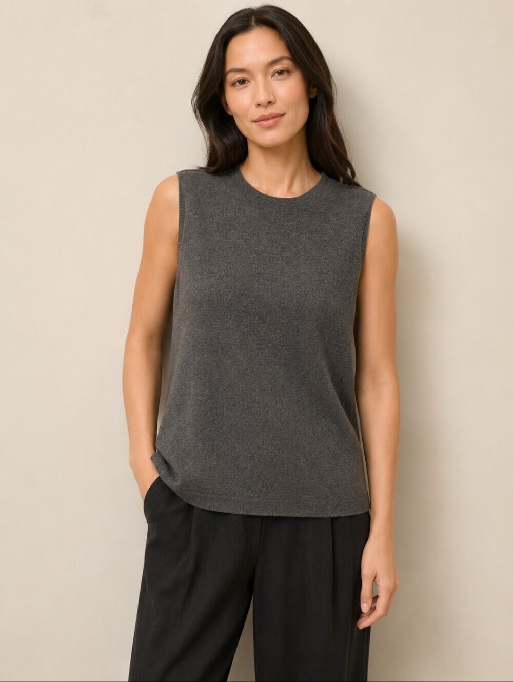 ❤️ EILEEN FISHER CHARCOAL SLEEVELESS KNIT ORGANIC WOOL SWEATER TOP, XXSP